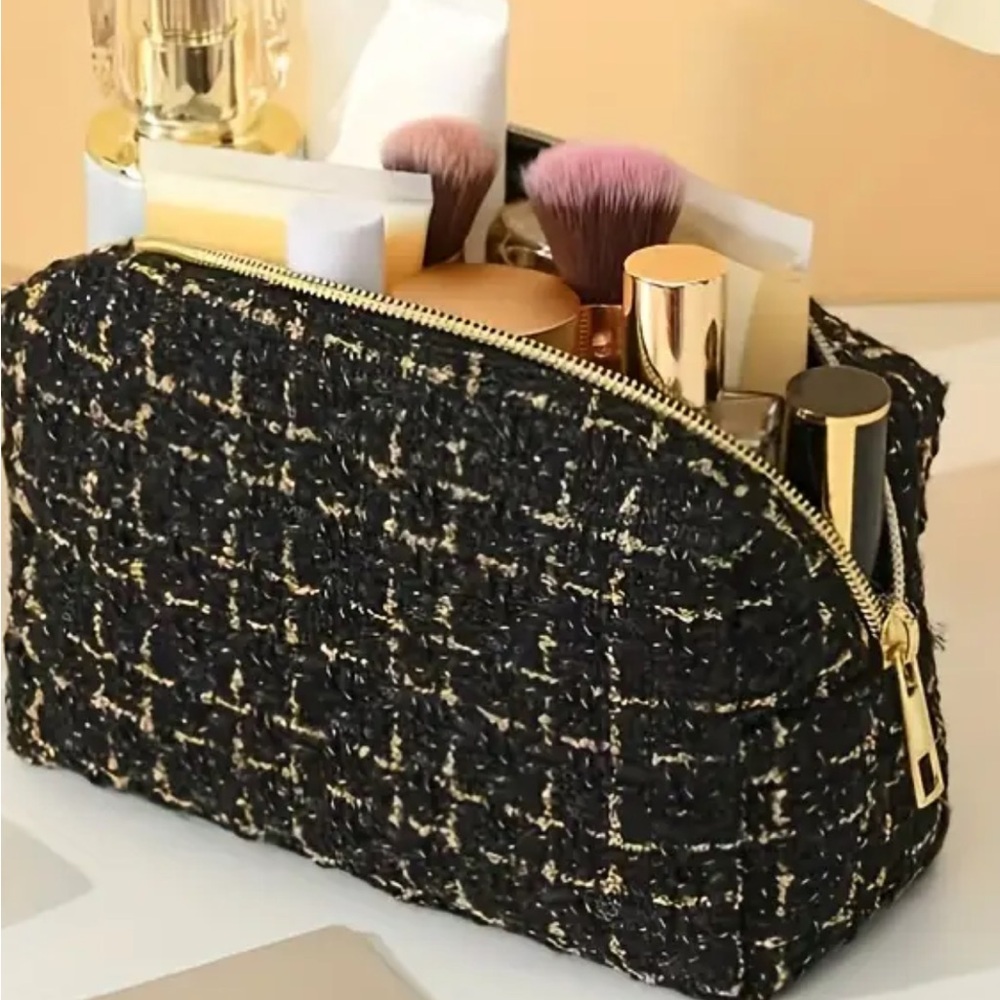 NIP BLACK GOLD TWEED DESIGNER INSPIRED COSMETICS TRAVEL BAG